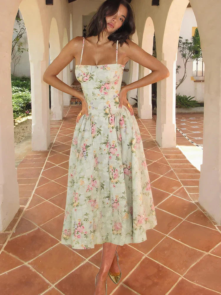 Green floral sleeveless midi dress