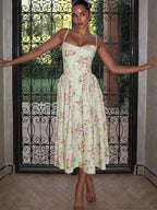Green floral sleeveless midi dress side