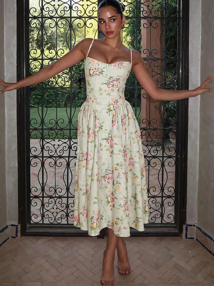 Green floral sleeveless midi dress side