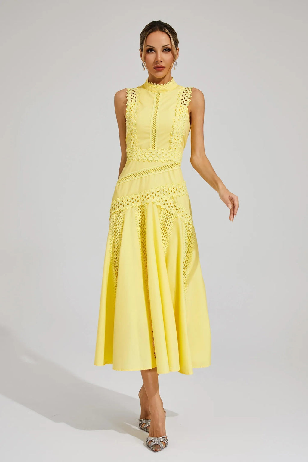 Yellow sleeveless lace midi dress