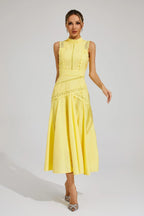 Yellow sleeveless lace midi dress