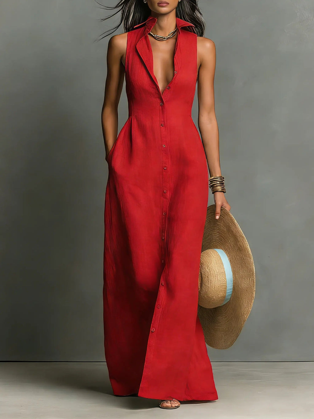 Linen sleeveless button-front maxi dress in red