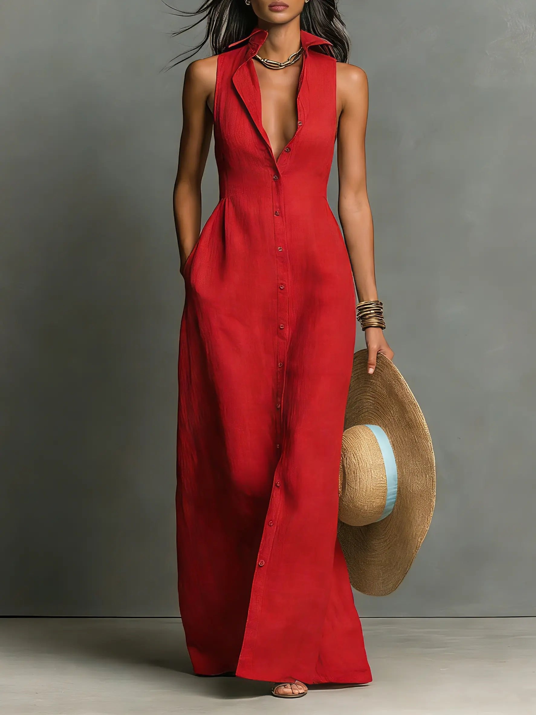 Linen sleeveless button-front maxi dress in red