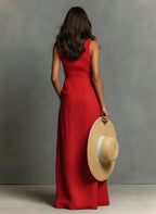 Linen sleeveless button-front maxi dress detail