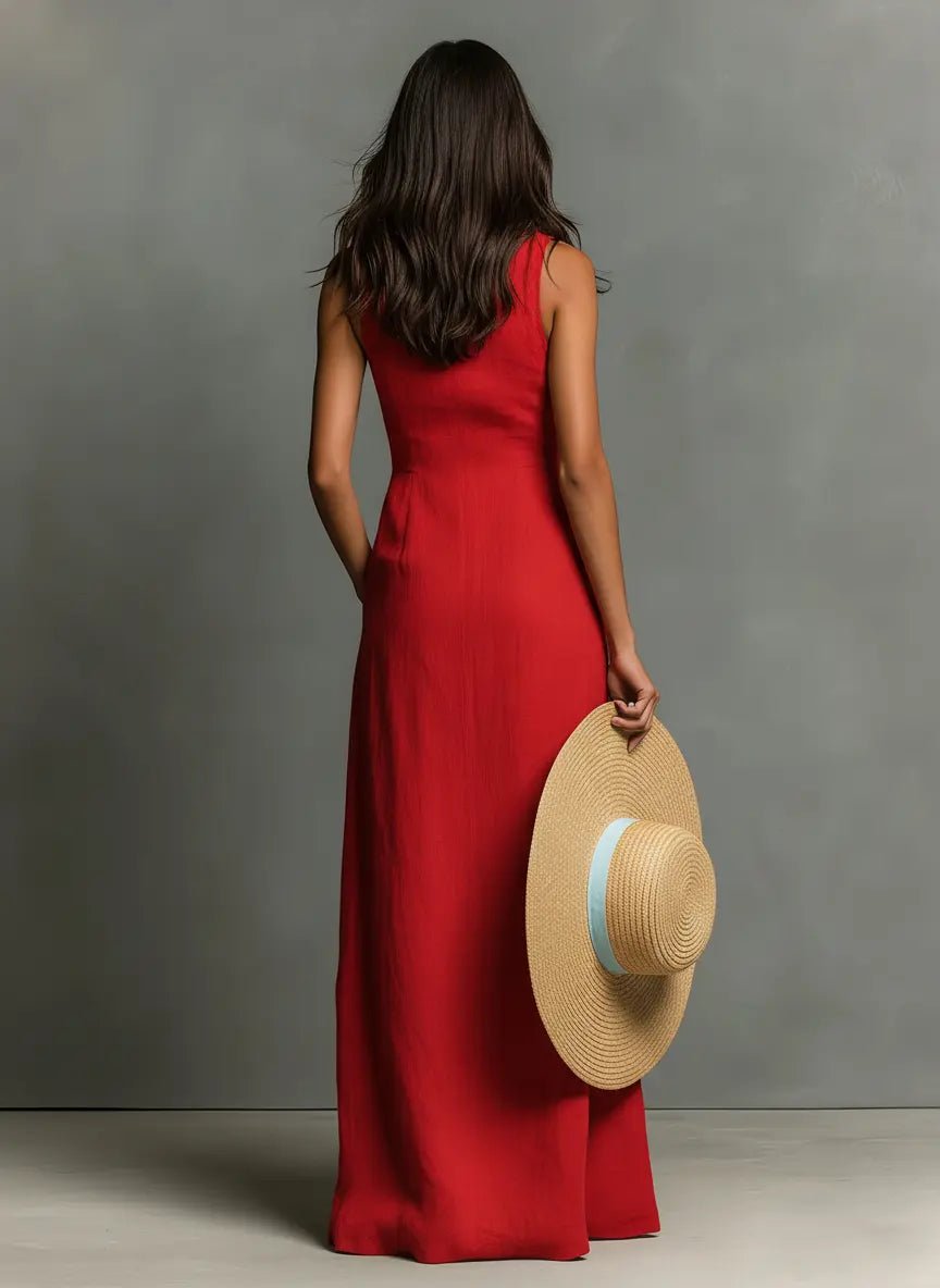 Linen sleeveless button-front maxi dress detail