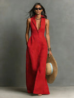 Linen sleeveless maxi dress collar detail