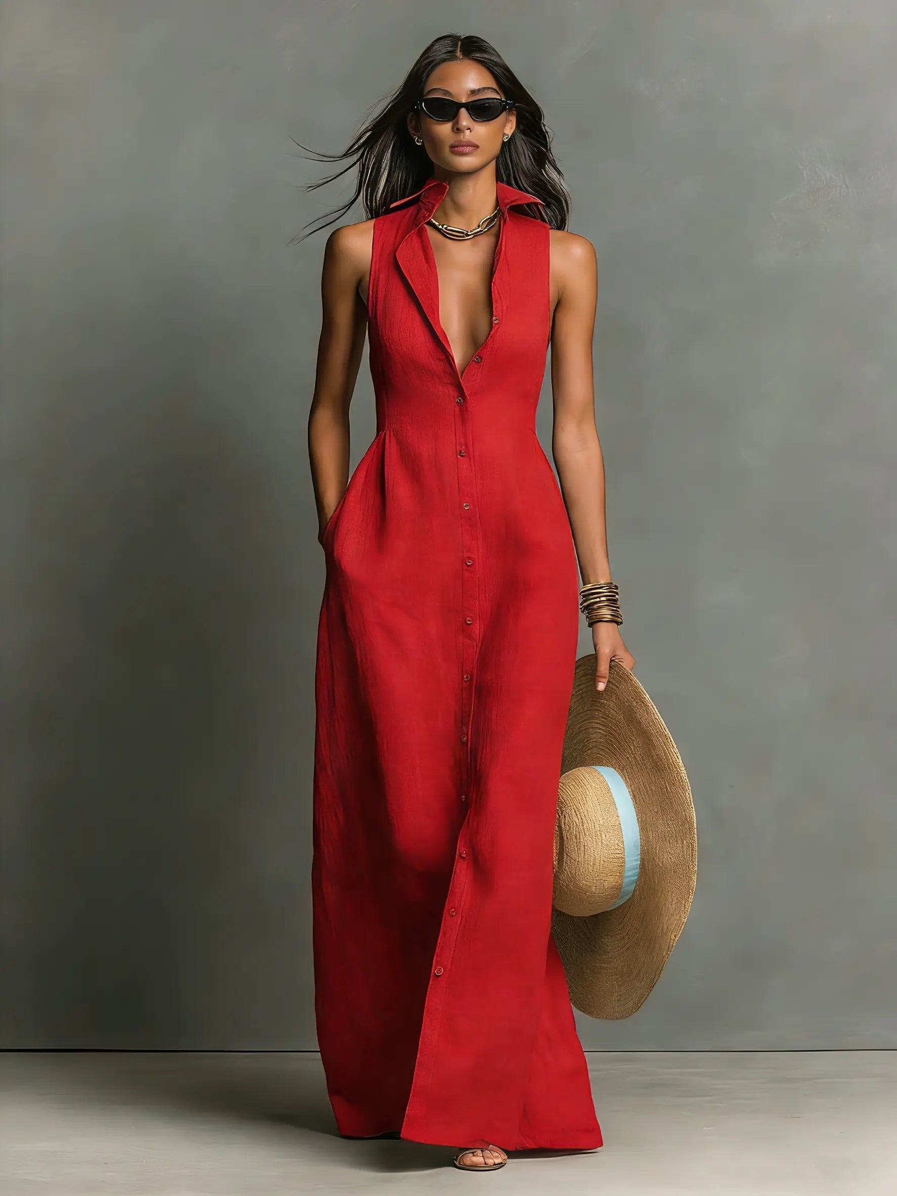 Linen sleeveless maxi dress collar detail