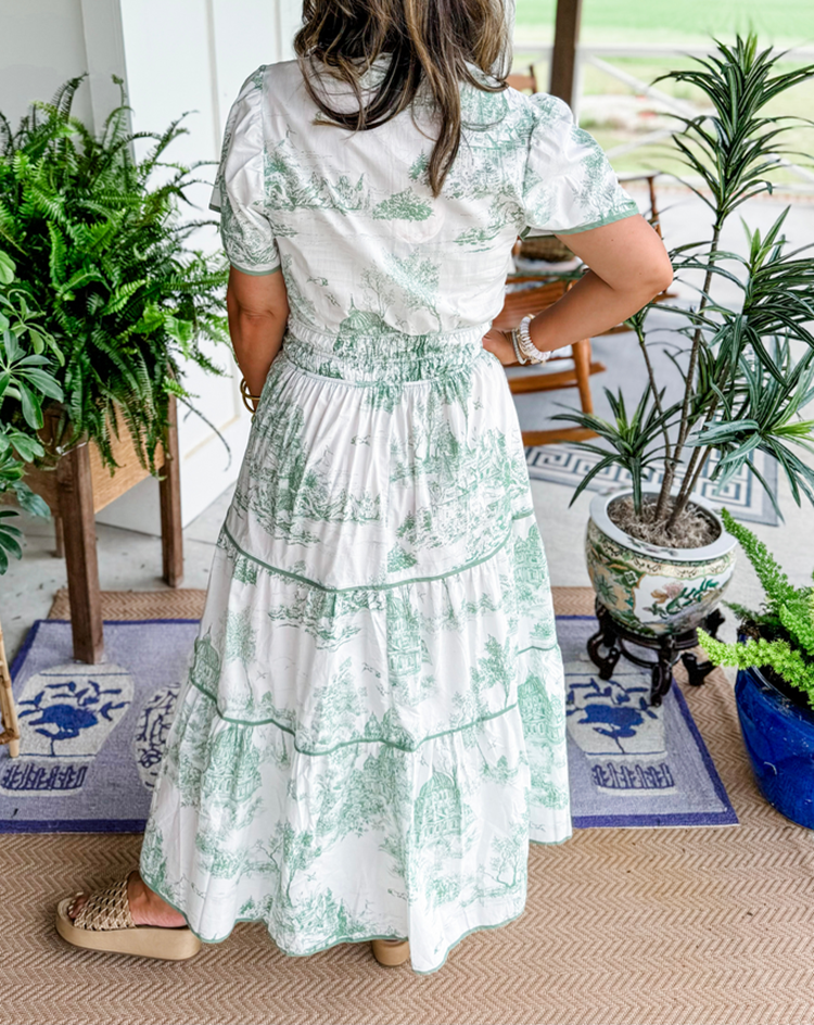 Toile print tiered maxi dress